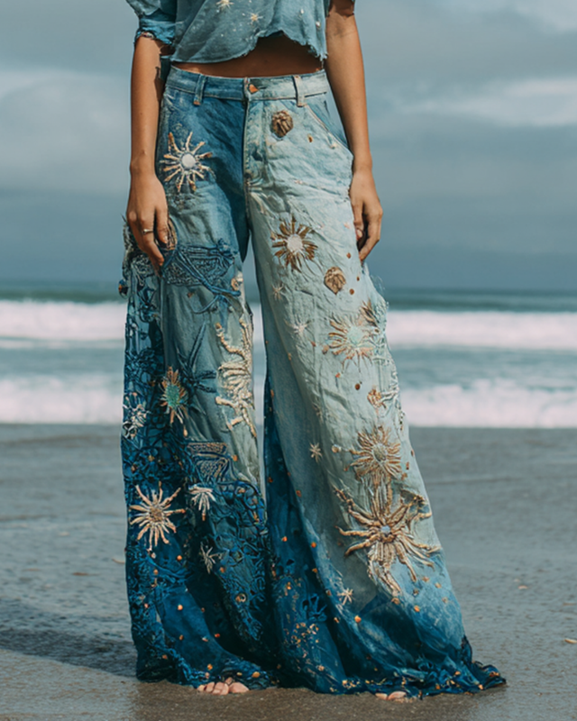 Summer Holiday Star and Moon Embroidered Lace Pants d325