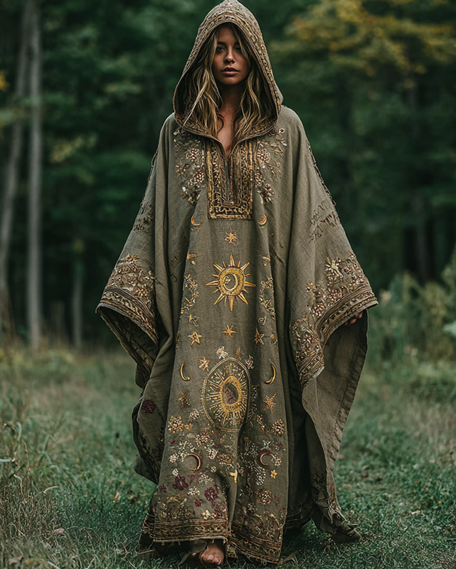 Women's Cotton and Linen Hooded Kaftan with Star and Moon Embroidery ef93