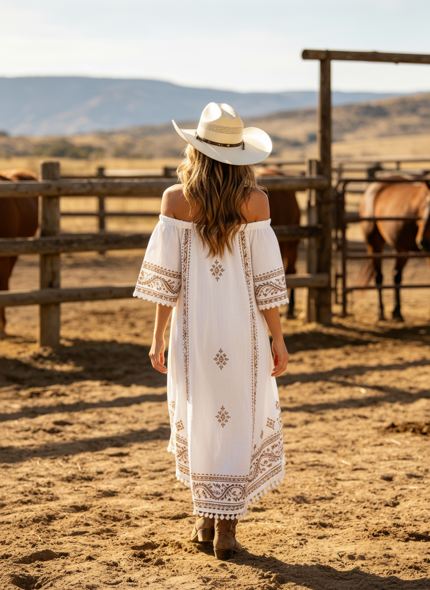 Women's Western Cowboy Cotton Linen Off-Shoulder Boho Dress With Tassel Detailing