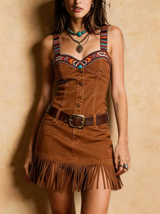 Faux Suede Fringe Dress With Embroidered Strap And Button Front Design