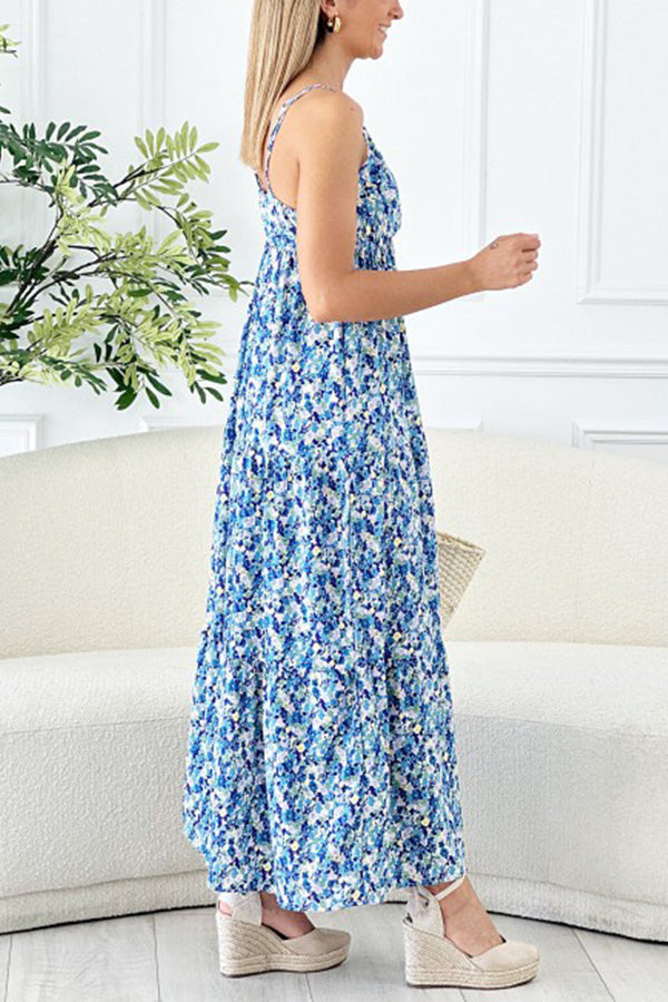 Hana Floral Spaghetti Strap Deep V Holiday Long Dress