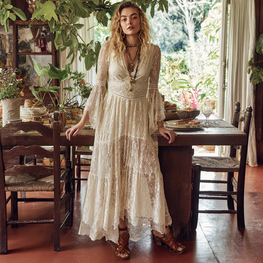 Lace Long Dress With Bell Sleeves And Deep V-Neckline For Women Bohemian Style Maxi Dress Elegant Summer Dress