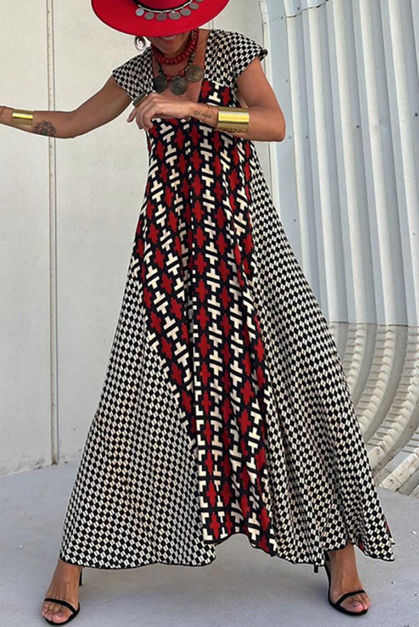 Geometric Print V-Neck Maxi Dress