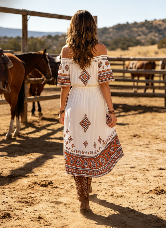 Women's Western Cowboy Cotton Blend Off-Shoulder Boho Print Midi Dress