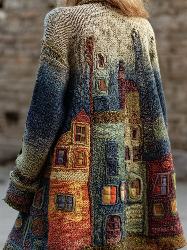 Street Buildings Colorblock Crochet Gradient Cozy Cardigan