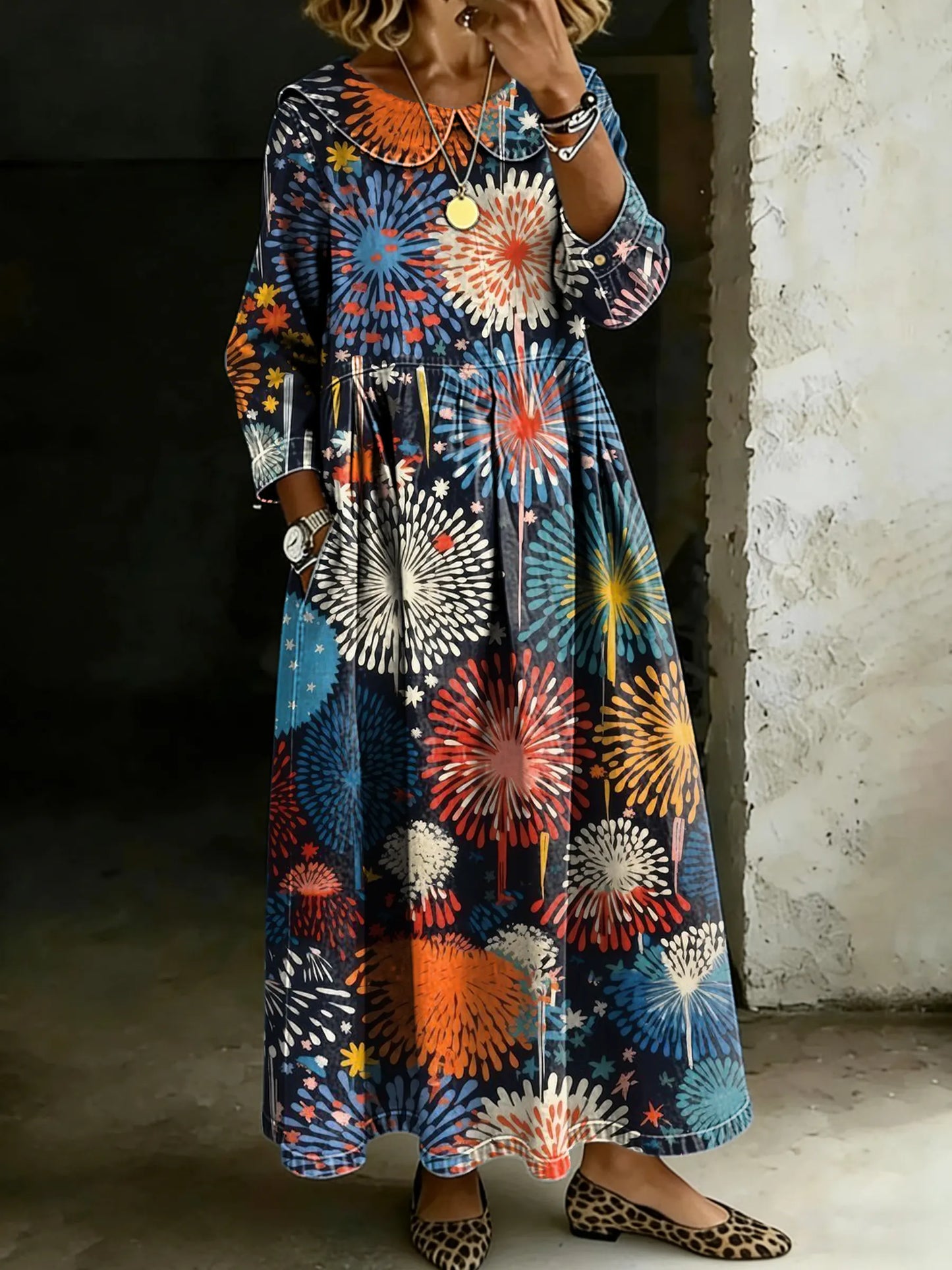 Women's Retro Multicolor Fireworks Art Splicing Long-sleeved Loose-fitting Casual Denim Dress