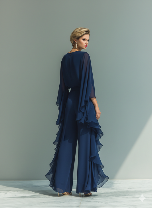 Women's Navy Blue Chiffon Top With Flared Sleeves And Straight-leg Trousers Set With Ruffled Details MDZ2218A5T