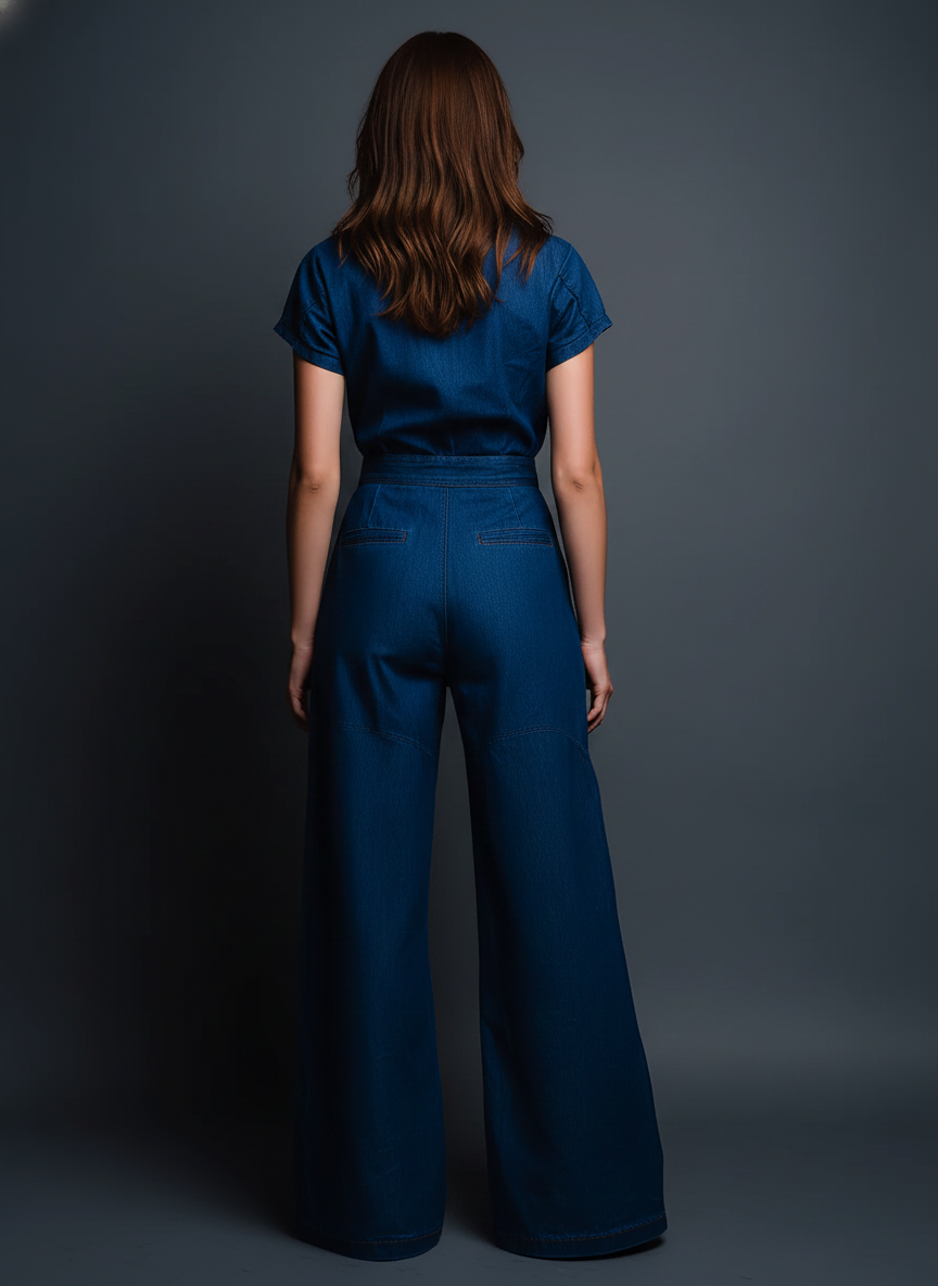 Women's Modern Minimalist Retro-Style Workwear: Blue Denim Short-Sleeve Jumpsuit MDZ2085D6ZJW