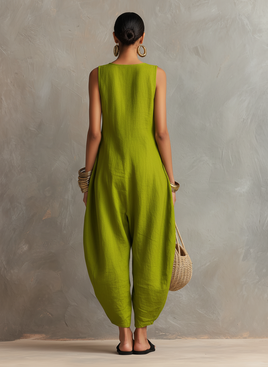Women's Minimalist Loose-Fit Linen-Blend Sleeveless Jumpsuit With Asymmetrical Buttons MDZ2567D3Y