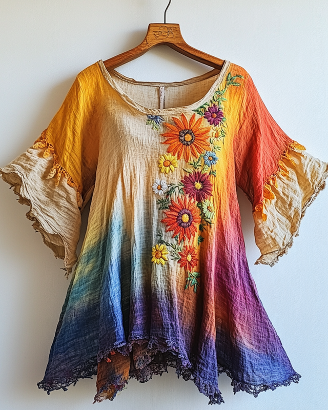 Summer Rainbow Gradient Daisy Embroidered T-shirt 6eb4