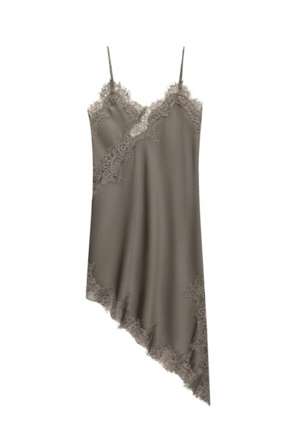 Lace-Paneled Satin Slip Dress with Asymmetrical Hem