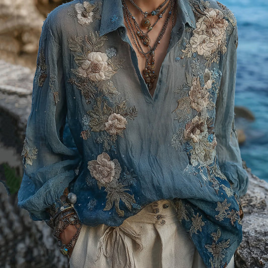 Women's Vintage Bohemian Floral Linen Shirt
