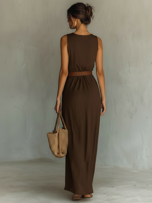 Women's Minimalist Cowl Neck Sleeveless Belted Maxi Dress MDZ1262A0Y