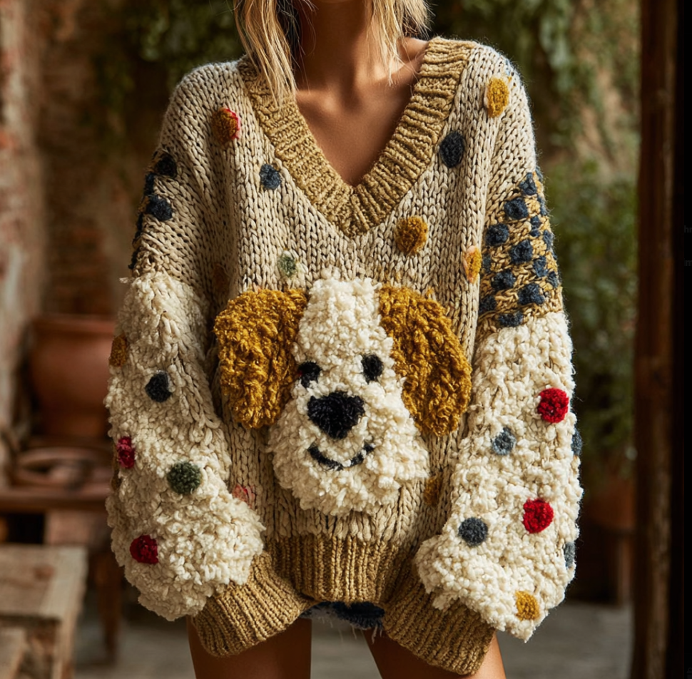 Lady Retro Cute Dog Plush Comfortable Knitted Sweater.