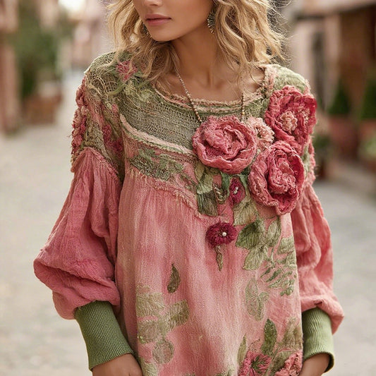 Women's Bohemian Floral Colorblock Casual Comfortable Crew Neck Sweatshirt