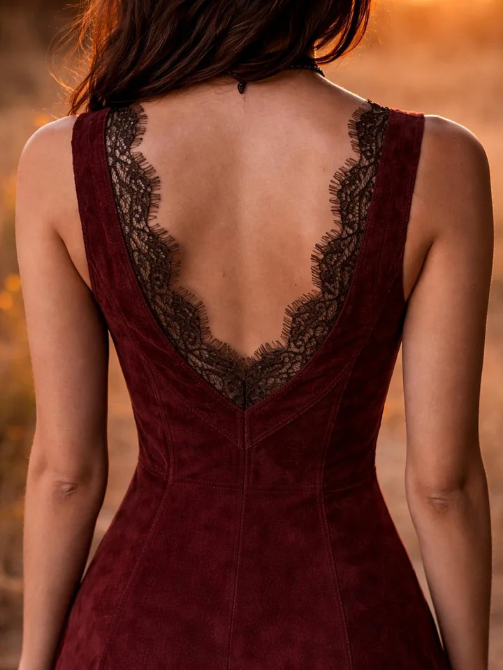 Faux Suede Fringe Dress With Lace Trim Deep V-Back Mid-Length Bodycon Dress For Women