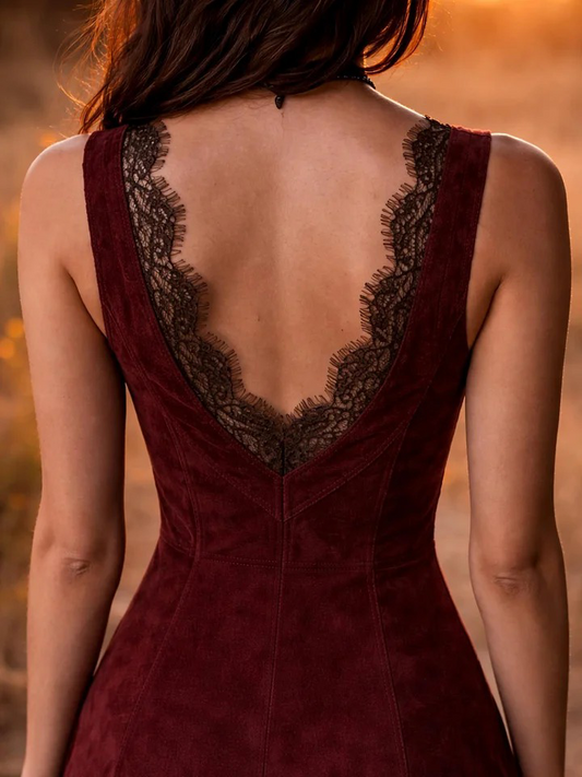Faux Suede Fringe Dress With Lace Trim Deep V-Back Mid-Length Bodycon Dress For Women