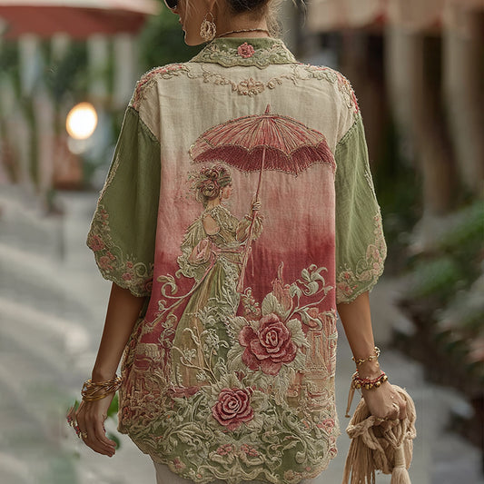 Love & Health Collection Classic Rose And Floral Art Linen Lapel Shirts