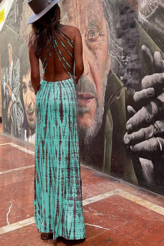 Modern Day Tie-dye Print Back Lace-up Stretch Maxi Dress(With built-in bra)