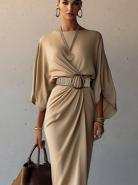 Sand Drape Belted Batwing Midi Dress
