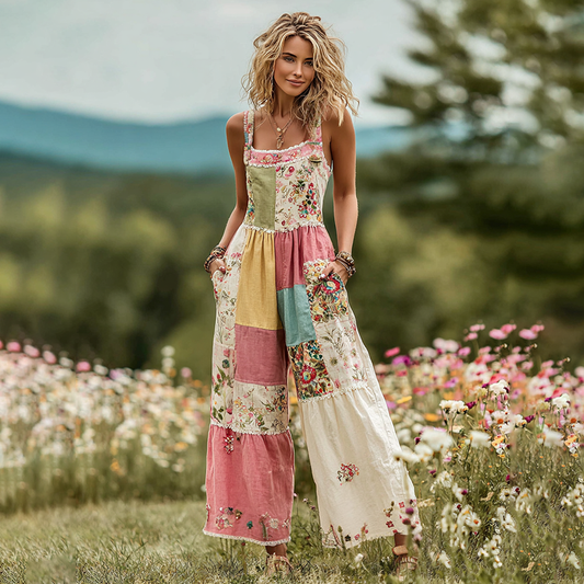 Women's Vintage Floral Art Patch Comfy Jumpsuit 972e