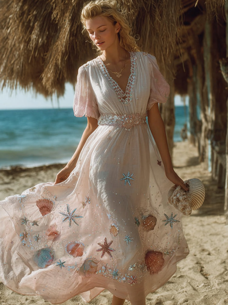 Vintage Bohemian Ocean Mermaid V-neck Dress