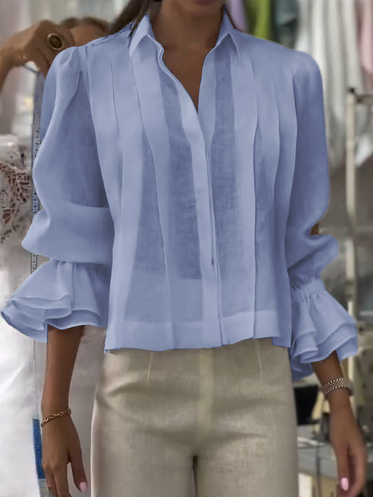 Women's Solid Color Lapel Long Sleeve Casual Loose Linen Cardigan Top