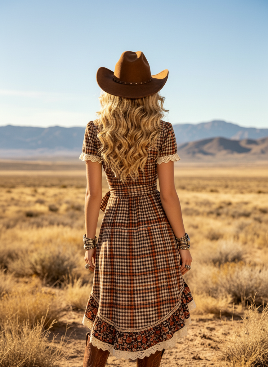 Women's Western Cowboy Checkered Western Dress With Lace Trim And Floral Pattern - Boho V-Neck Midi Dress