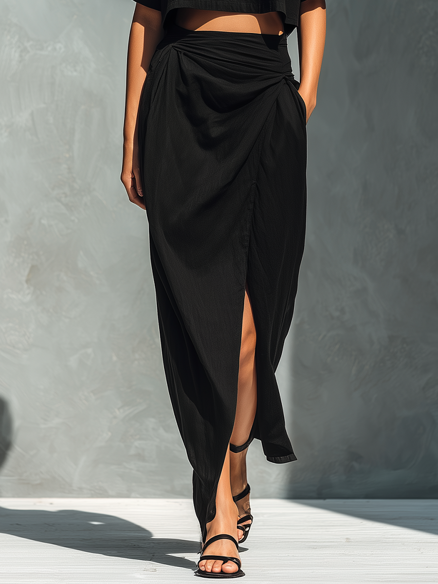 Women’s Black Linen-Blend Cropped T-Shirt & Ruched Wrap Maxi Skirt With Slit Two-Piece Set MDZ2581D0T