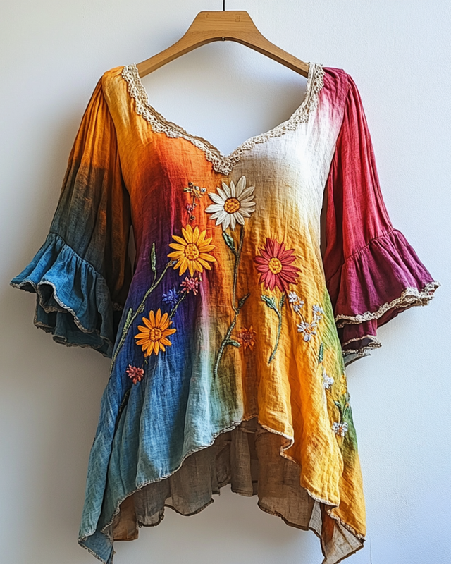 Summer Rainbow Gradient Daisy Embroidered T-shirt a36a