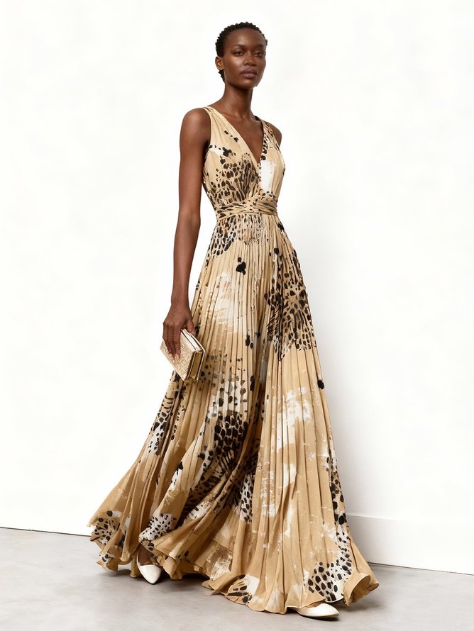 Apricot Pleated Floral Chiffon V Neck Sleeveless A-Line Maxi Dress