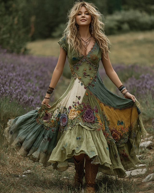 Summer Floral Embroidered Lace Patchwork Dress 8d31