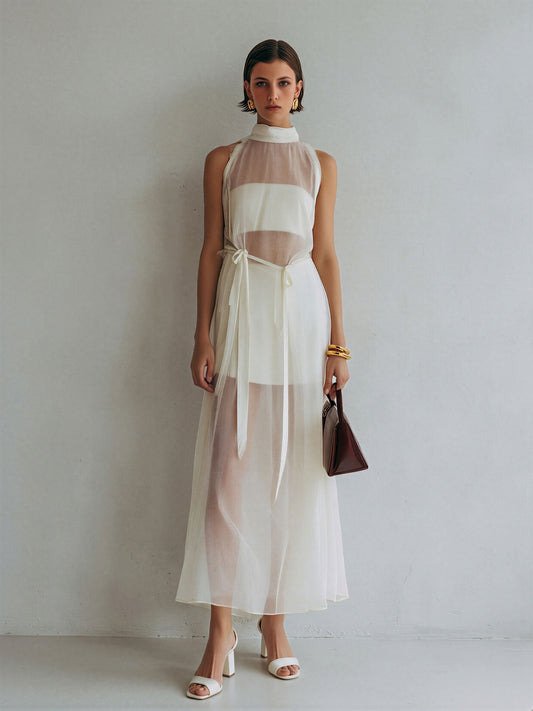 Women’s Ivory Sheer Mesh Halter Neck Maxi Dress With Inner Lining & Waist Tie MDZ2573D7T