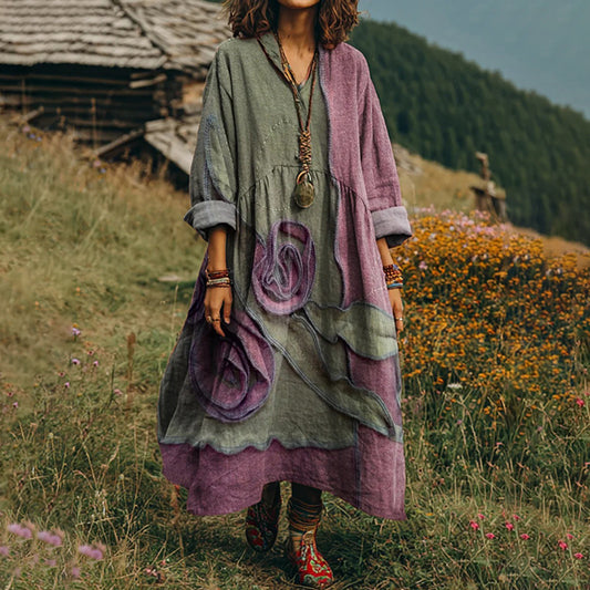 Women's Vintage Floral Art Print V-neck Long-sleeved Dress