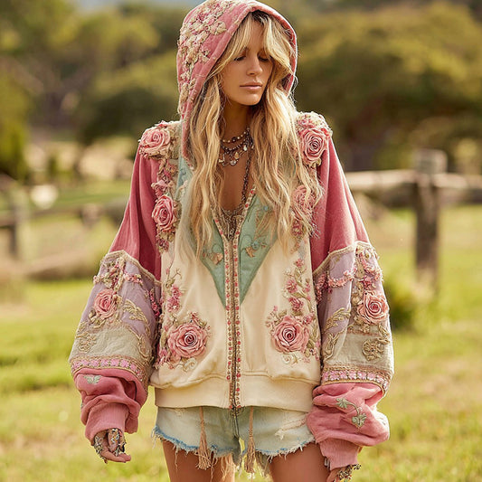 Women's Floral Embroidery Color Block Boho Casual Zip-up Hoodie