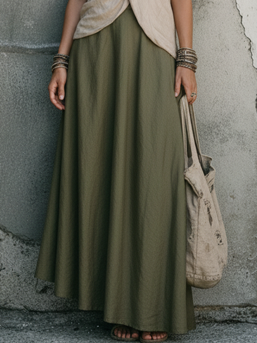 Women's Relaxed-Fit Off-White Cotton-Linen Halter Top And Olive Green Cotton-Linen Midi Skirt Set MDZ2357D0GMJ
