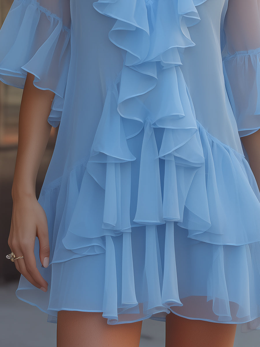 Layered Ruffle V-Neck Chiffon Mini Dress