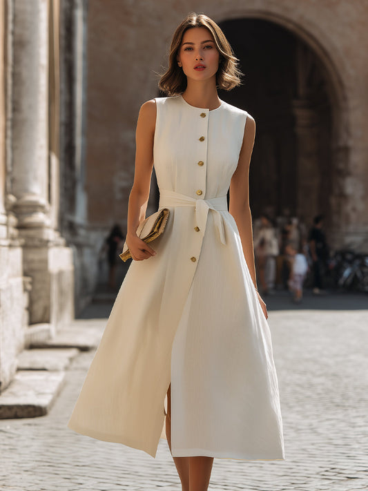 Sleeveless Button-Front Wrap-Style Midi Dress With Tie Waist
