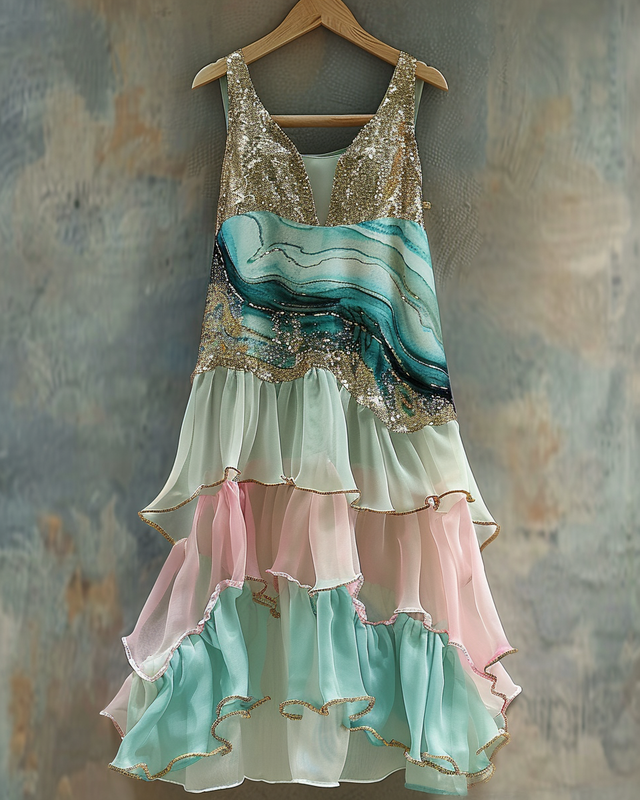 Summer vacation handmade gilded chiffon dress be57
