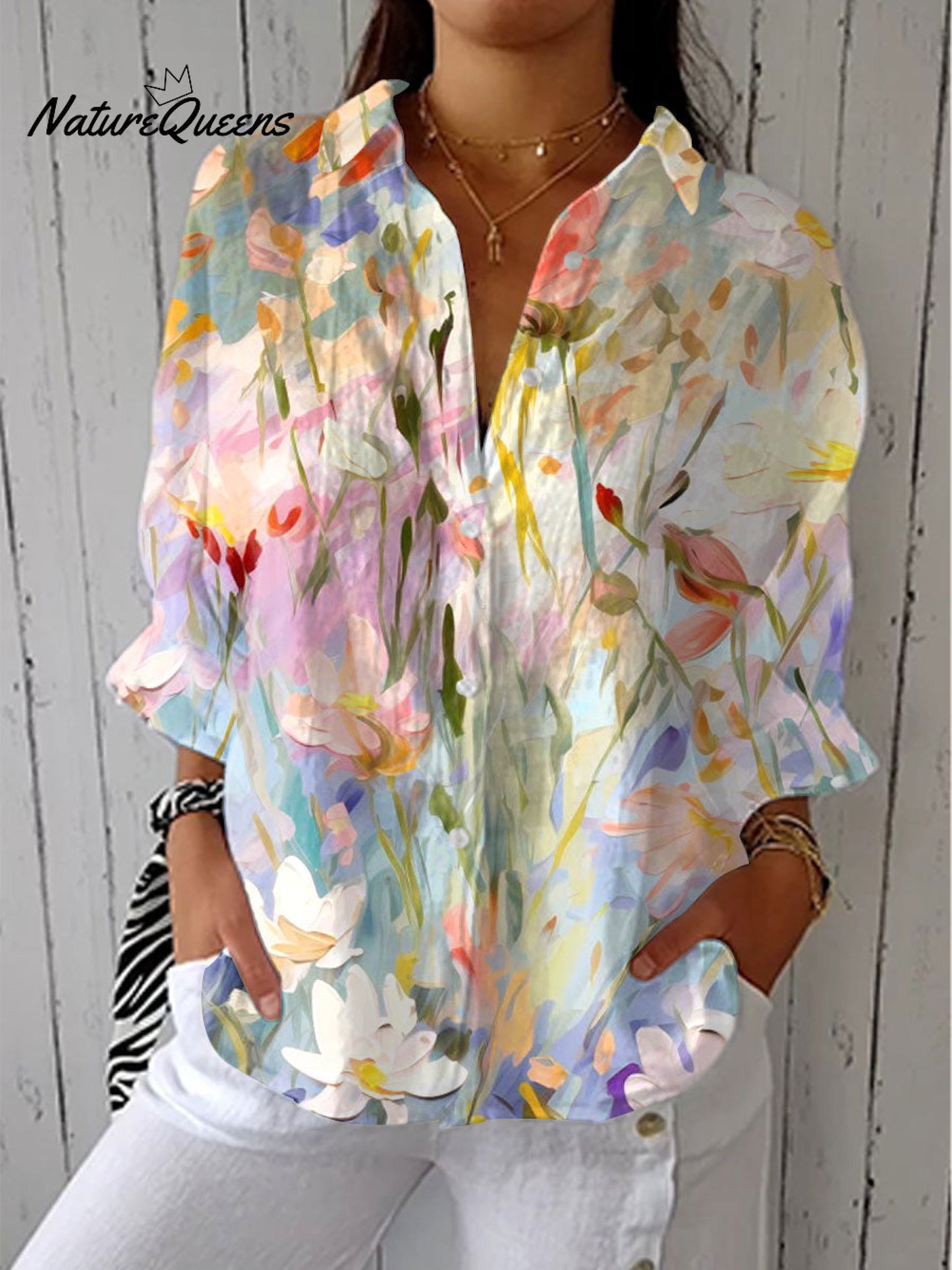 Women's Pastoral Flower Art Print Casual Linen V-neck Shirt