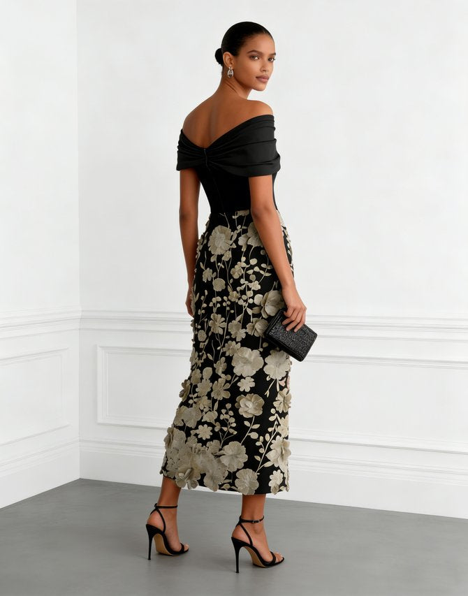 Black 3D Floral Classic Off The Shoulder Short Sleeve Sheath Midi Dress