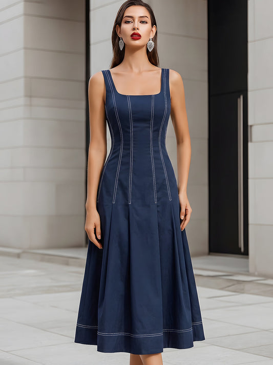 Contrast Stitch Sleeveless Square Neck Midi Fit-and-Flare Dress