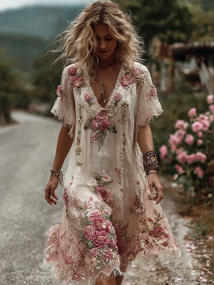 Women's Vintage Flower Embroidery Art Linen Short Sleeve Mini Dress