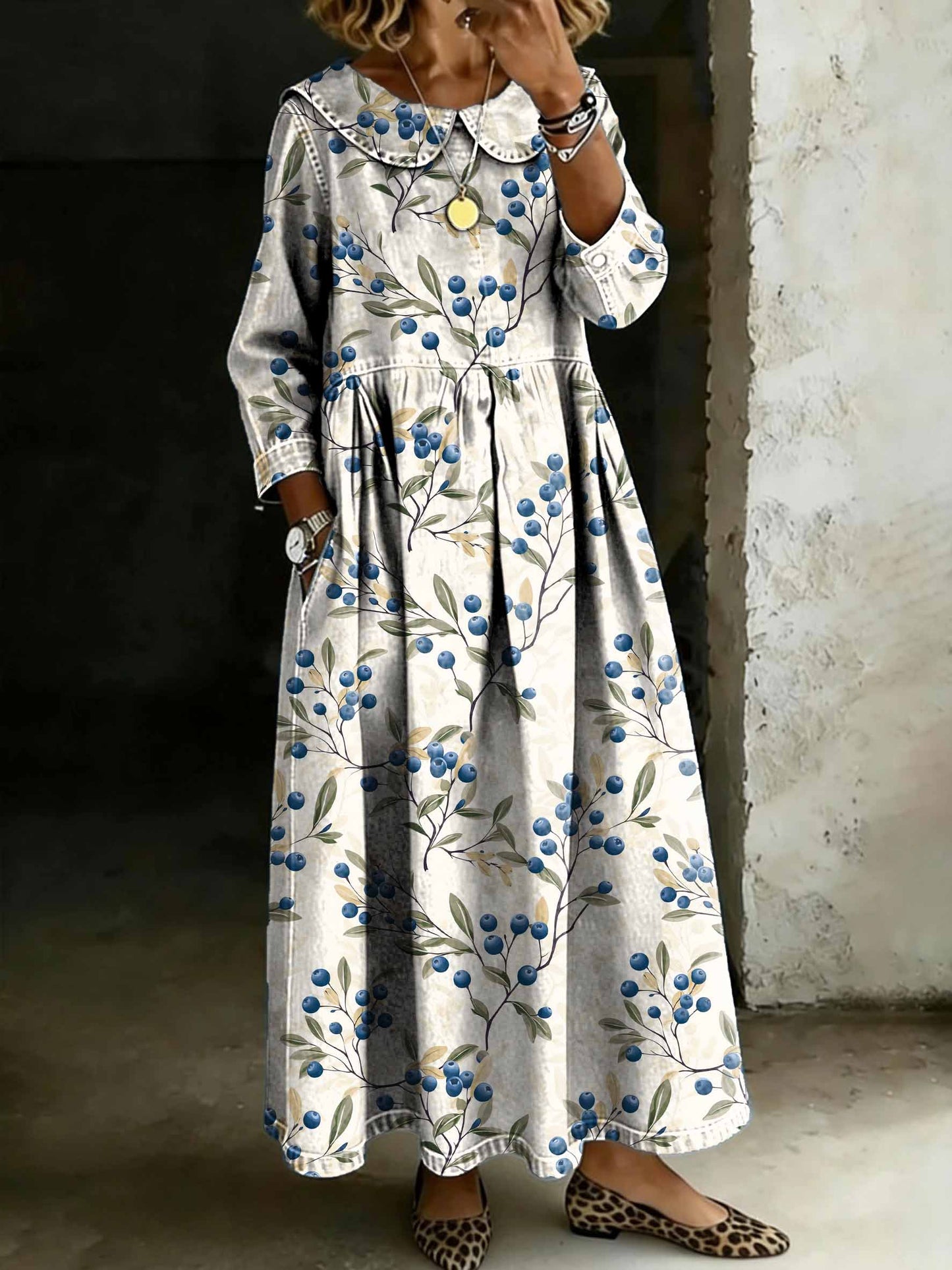 Women's Vintage Blueberries Art Print Lapel Collar Pleated Long Sleeve Casual Loose Denim Dress