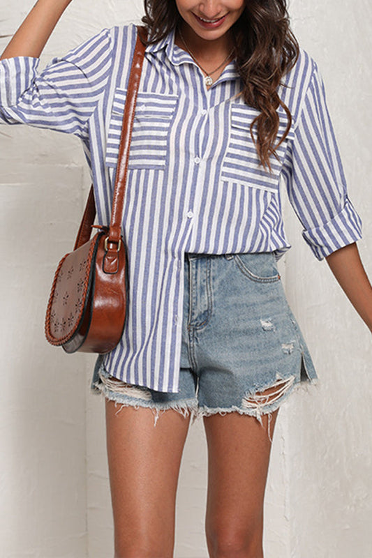 Linen Cotton Wash Stripe Single Breasted Long Sleeve Shirt