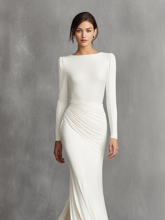 Women's White Elegant Satin Ruched Mermaid Maxi Dress MDA0910I5I