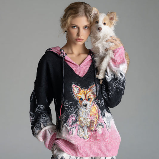 Women's Vintage Dog Embroidered Hooded Sweater