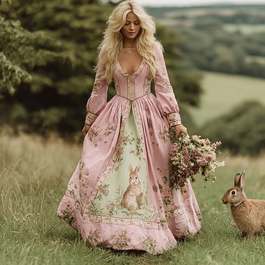 Vintage Bunny With Floral Art Women's Linen Long Sleeve Maxi V-neck Dress