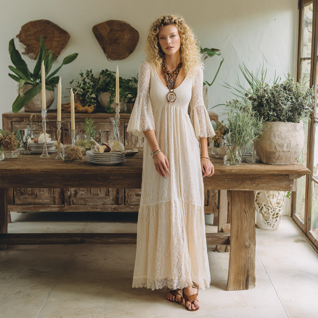 Lace Maxi Dress V-Neck Flared Sleeve Boho Long Dress For Women