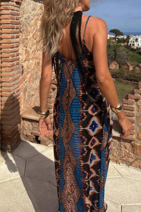 Fringe Halter Neck Geometric Bohemian Print Backless Maxi Dress